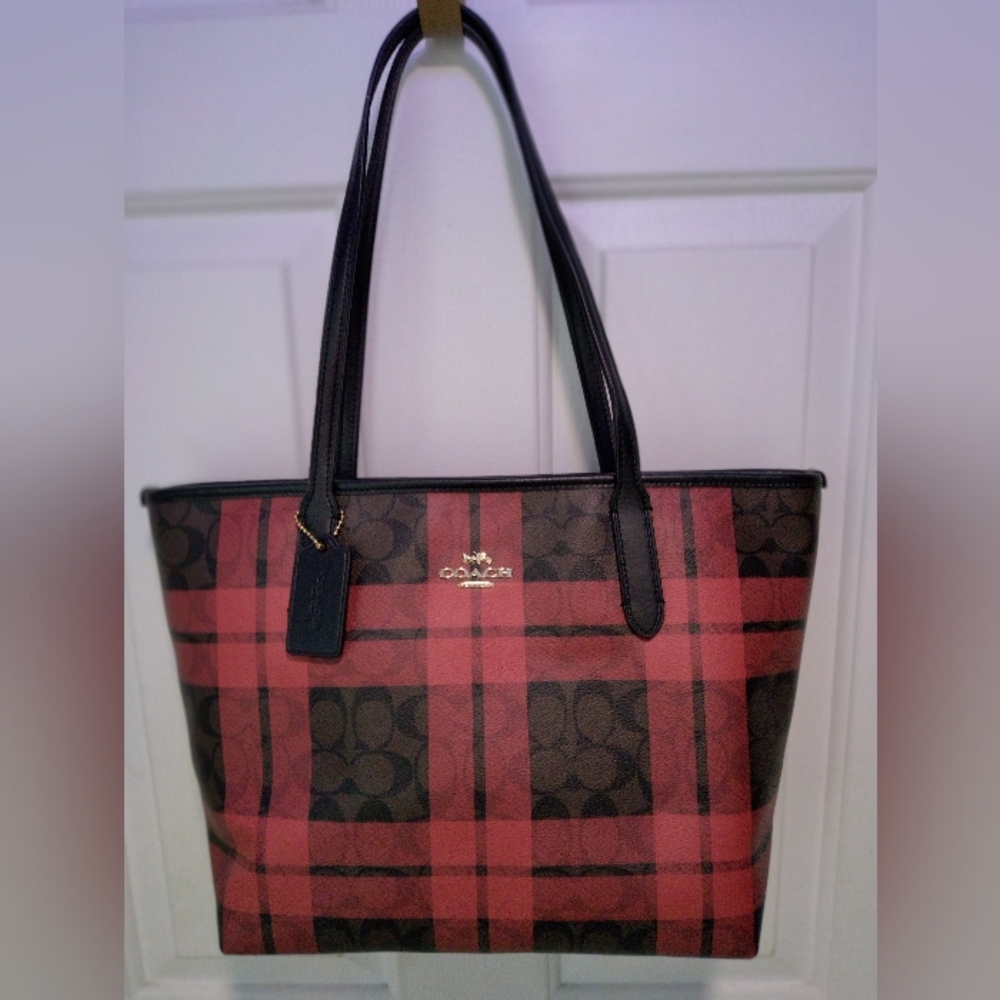 NWOT Coach City Tote Red & Black Buffalo Plaid